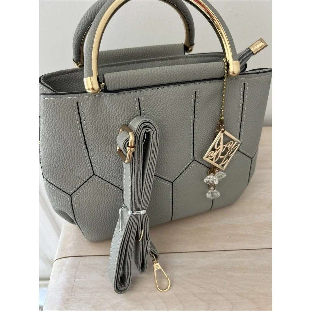 Nicole & Doris Small Light Gray‎ Handbag Attachable Trapp PU Leather Gold Trim
